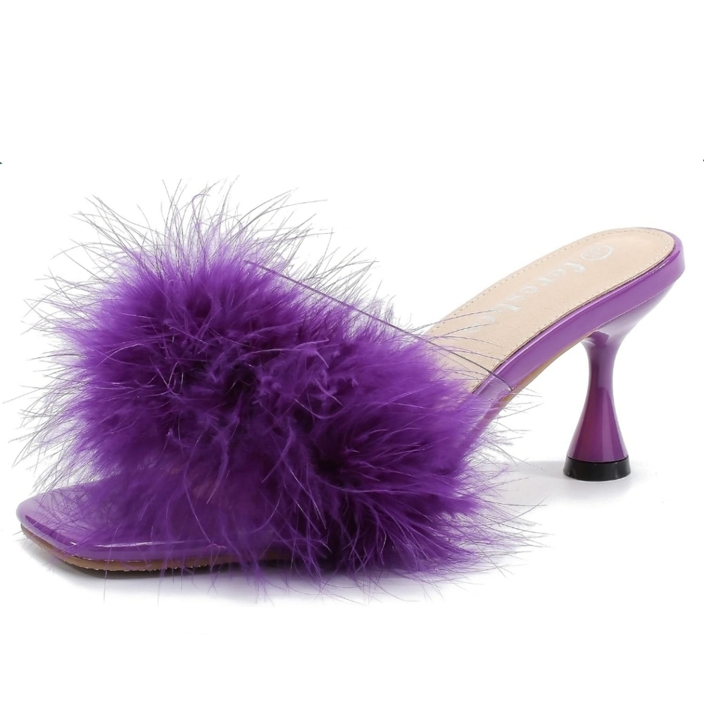 Feather Kitten Heels Sandals Fluffy Fur Clear Strap Slip On Square Toe